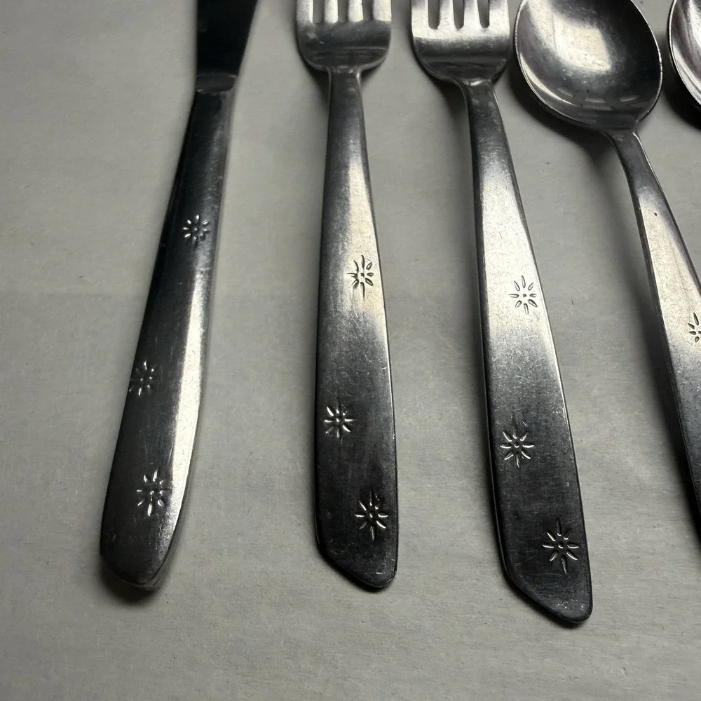 6 Lot Atomic 3 Star Superior Stainless Spoons Forks Knives Night Sky MCM USA